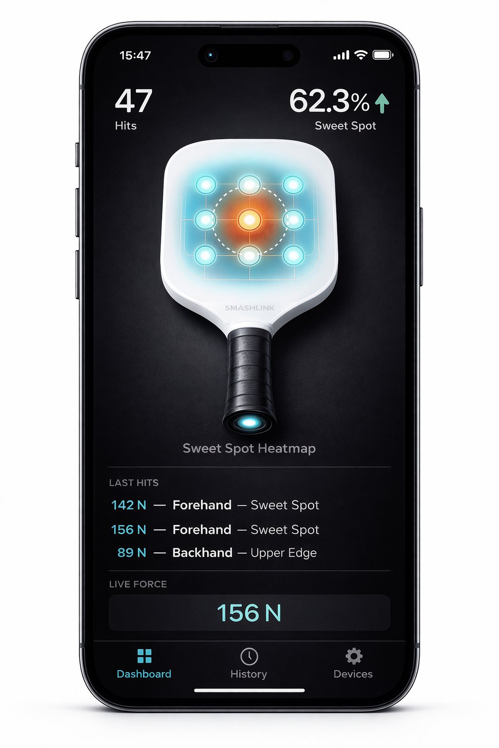 SmashLink app dashboard showing live heatmap, hit counter, and sweet spot percentage