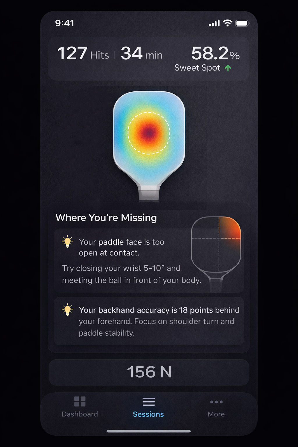SmashLink app session view with coaching tips and miss-zone analysis