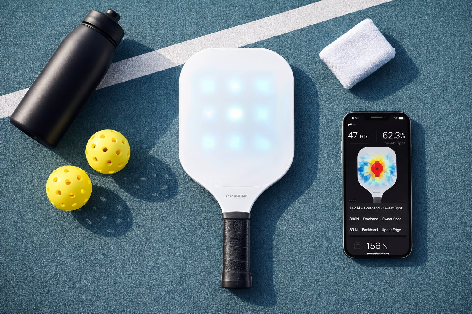 SmashLink paddle on court with phone showing live heatmap