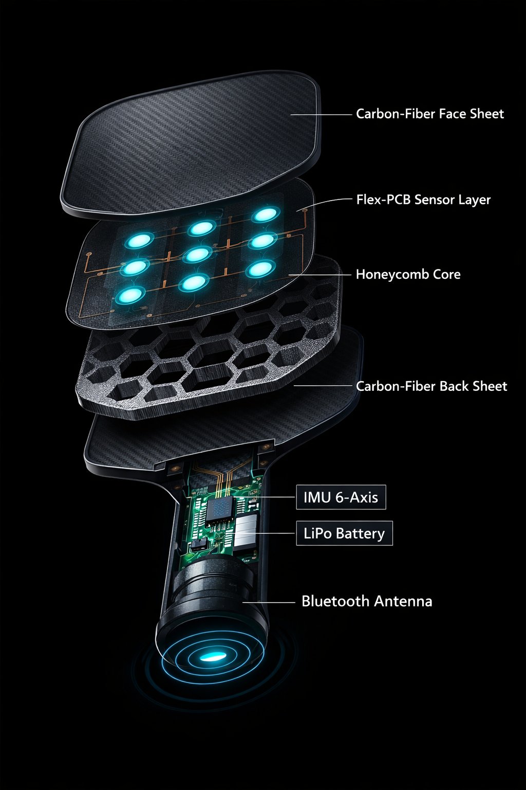 SmashLink exploded view showing carbon fiber, sensor array, honeycomb core, IMU, battery, and Bluetooth antenna